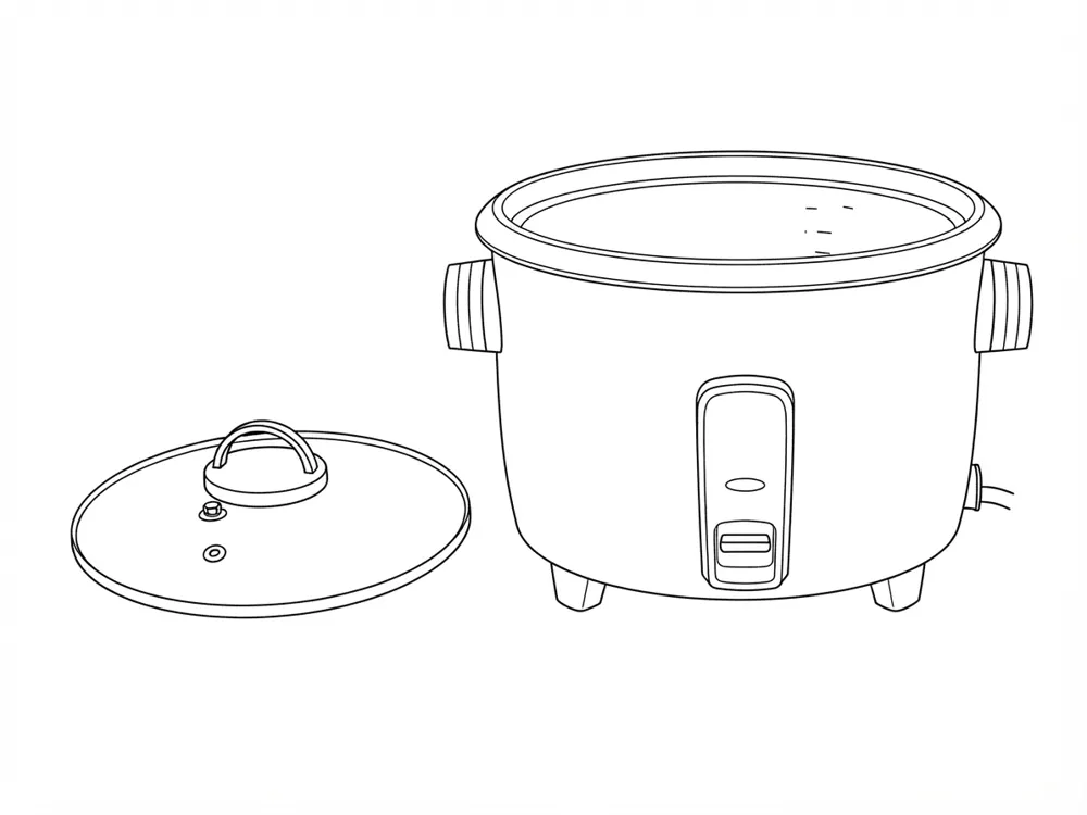 Patent line drawing of a rice cooker with its lid set beside it