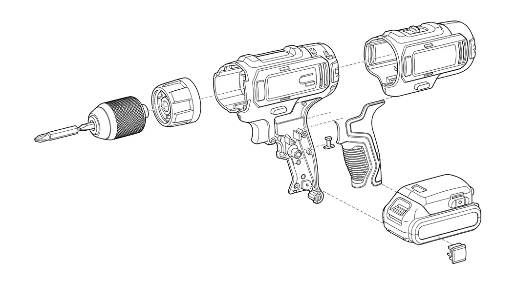 Exploded-view patent drawing of the cordless drill/driver showing chuck, gearbox, housing, trigger and battery