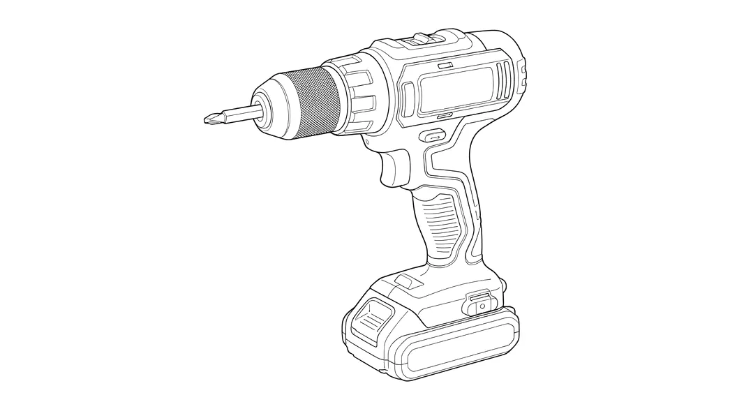 Black-and-white patent line drawing of the cordless drill/driver generated by PatentStroke